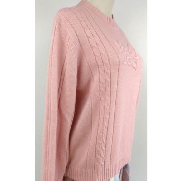 Vintage 90s Pale Pink Sweater Knit Roses Beads M - Picture 5 of 8